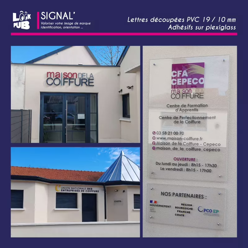 Signal personnalisé - Enseigne lettres découpé et plexiglass pour Maison de la coiffure Auxerre