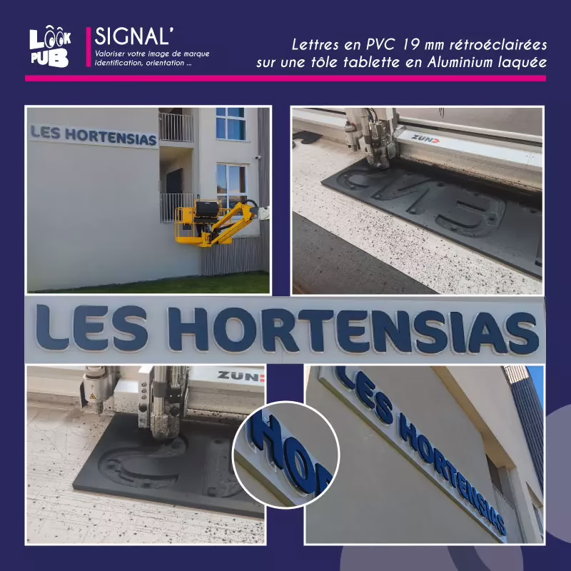 Signal personnalisé - Lettres découpées PVC rétroéclairées posé en déport sur tôle tablette en Aluminium laquée pour Les Hortensias