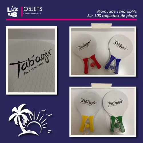 Objets personnalisé - Marquage sérigraphie sur raquettes de plage pour Tab'agir