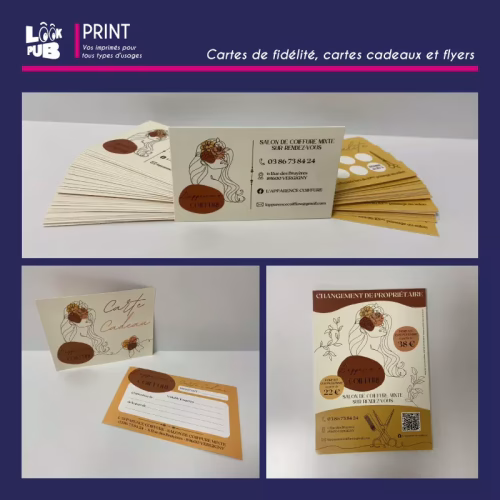 Cartes de fidélité, cartes cadeaux et flyers pour l'apparence coiffure